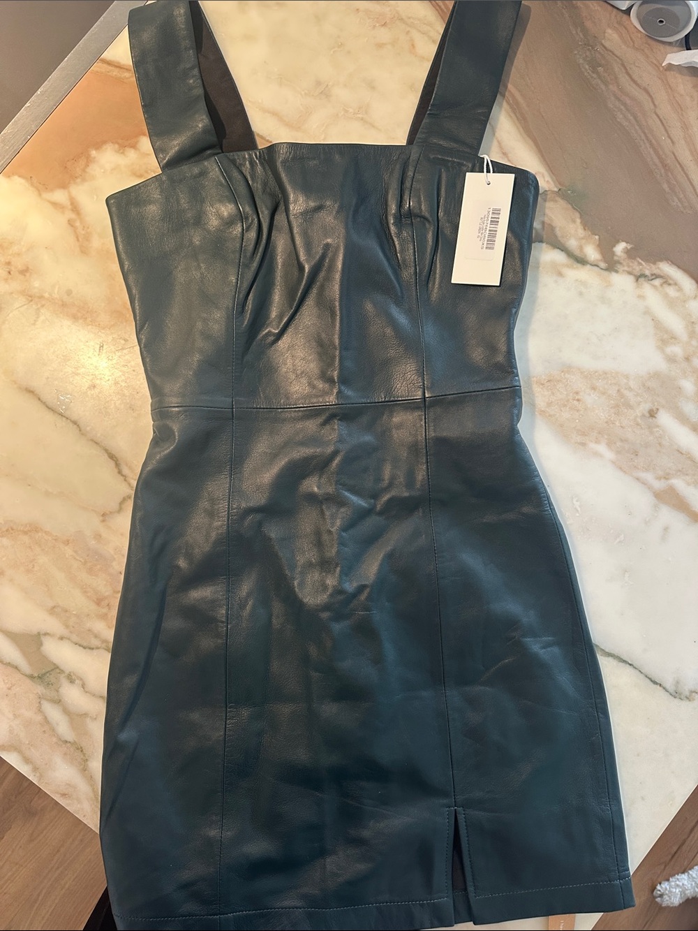 Reformation Dark Green Genuine Leather Square Neck Mini Dress